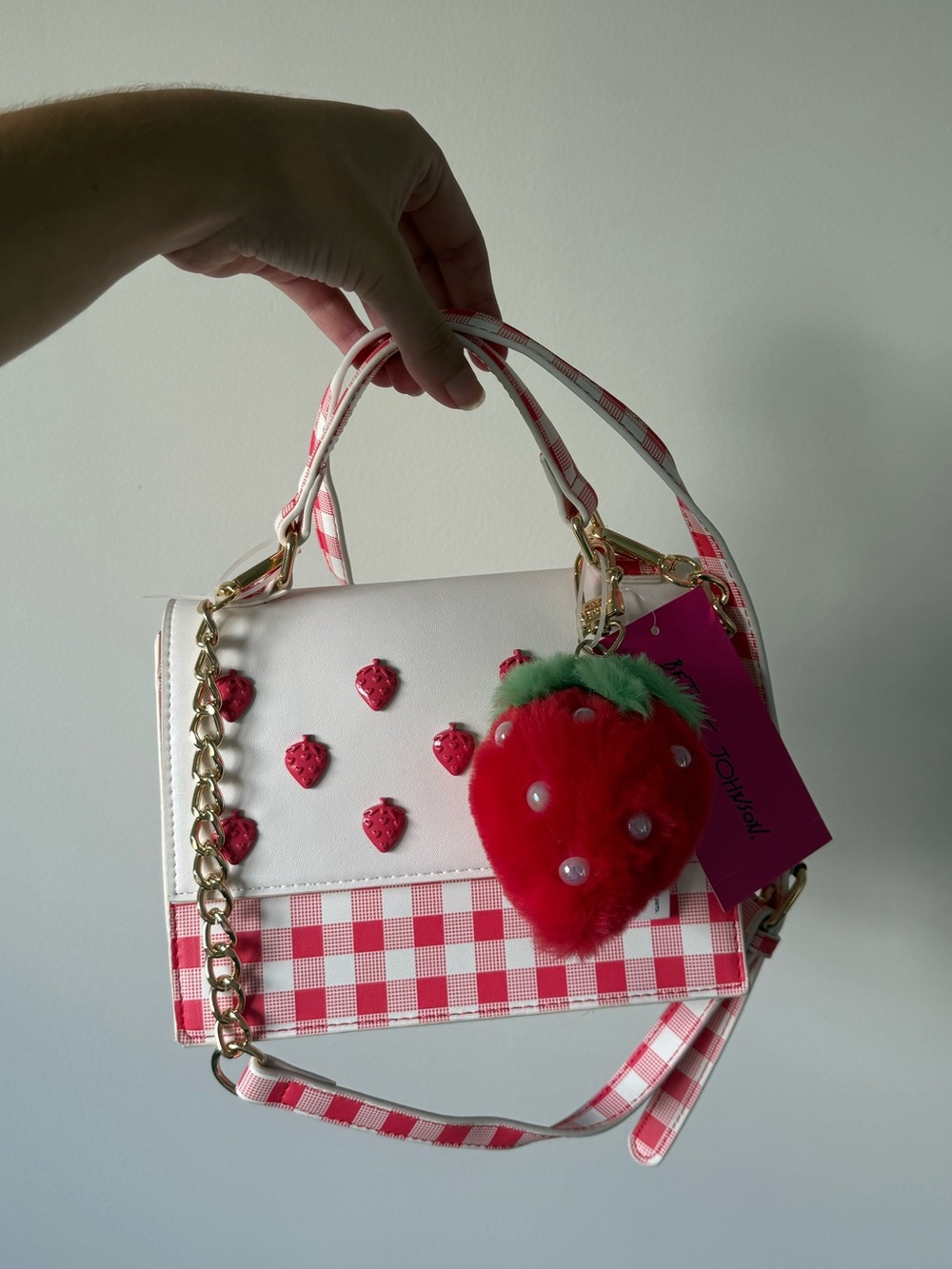 Betsey Johnson White & Pink Strawberry Mini Top-Handle Bag